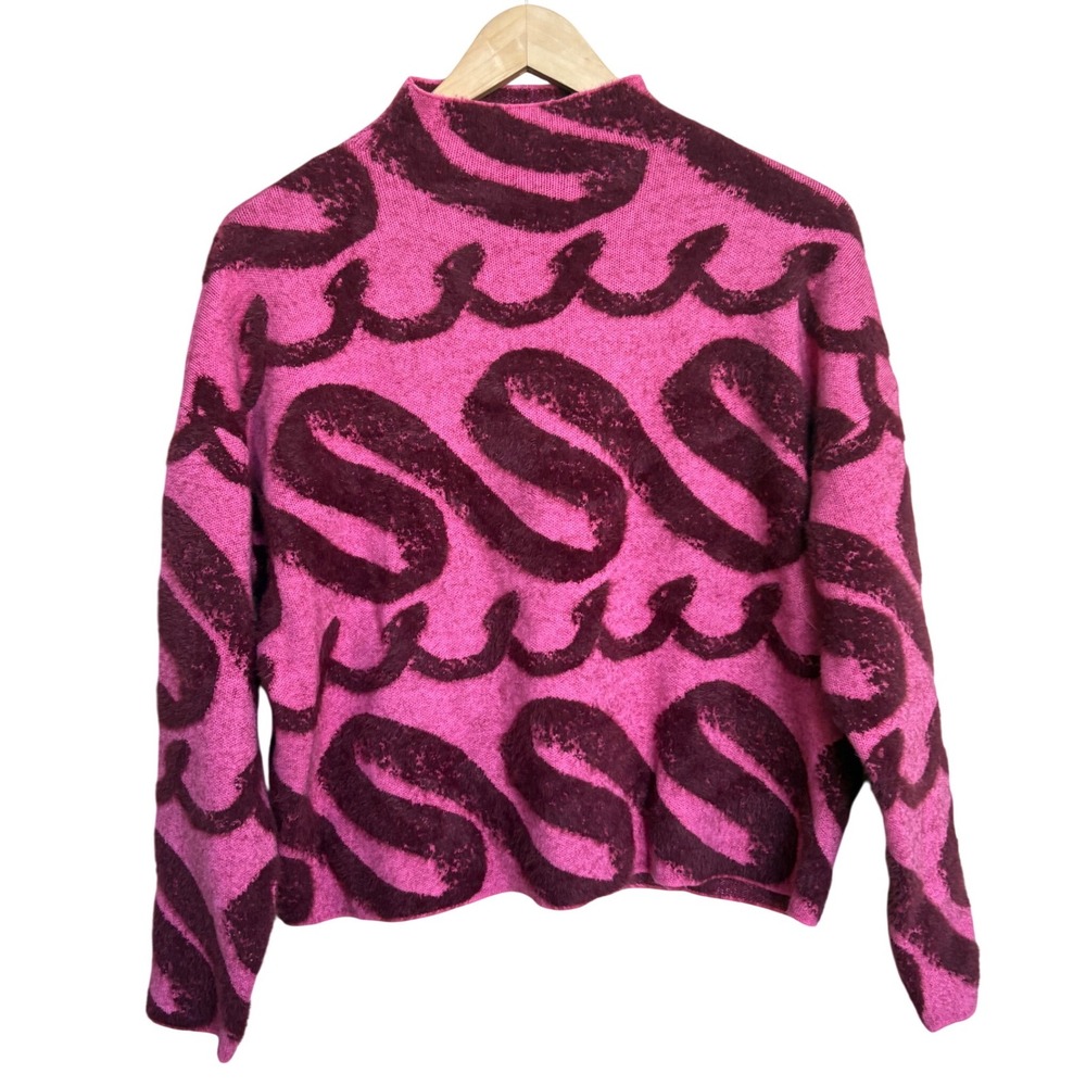 Anthropologie Abstract Swirl Mock Neck Sweater Pink Burgundy XS OB1886017